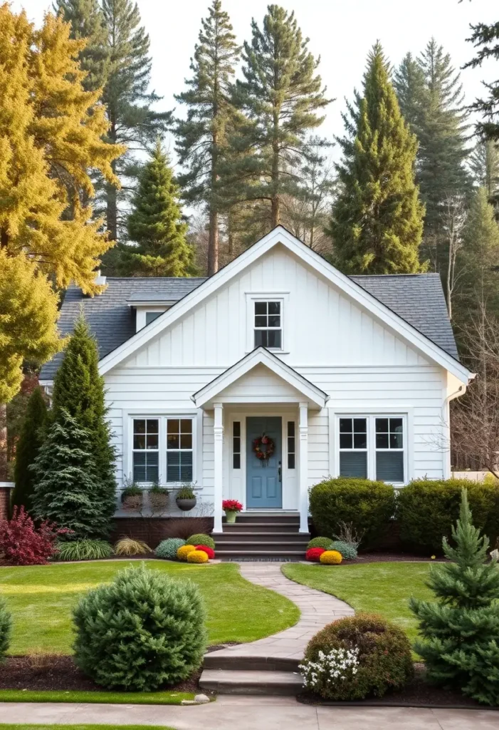 White cottage with a blue door, surrounded by greenery and decorated with a wreath and vibrant seasonal accents.