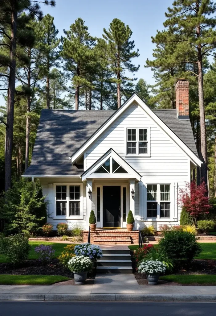 White cottage with tall pine trees, brick accents, and vibrant landscaping.