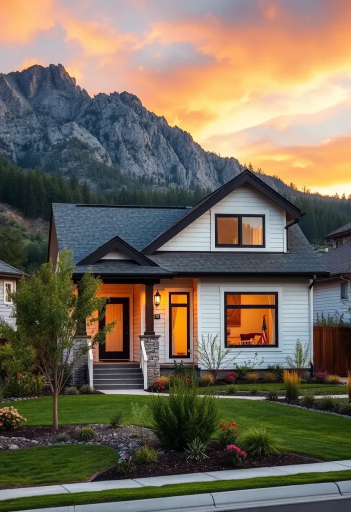 Small white cottage with warm interior lighting, a dramatic mountain backdrop, and a vibrant sunset sky.