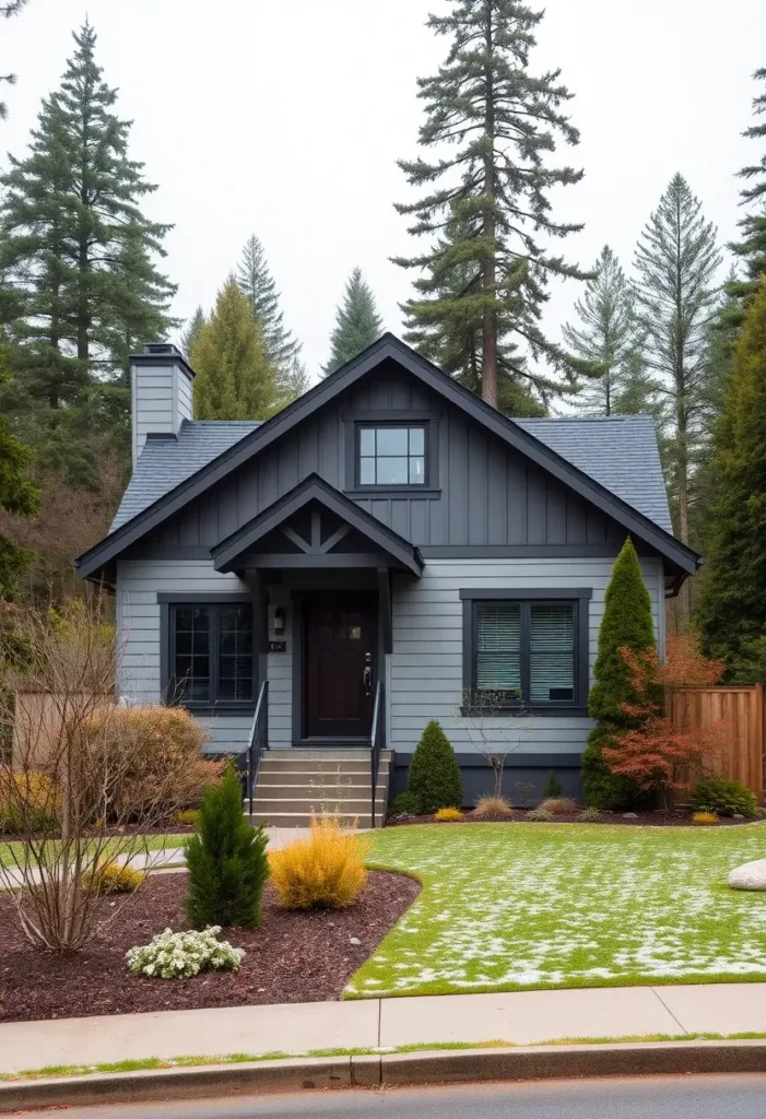 Charcoal-gray cottage with modern design, surrounded by greenery and trees.