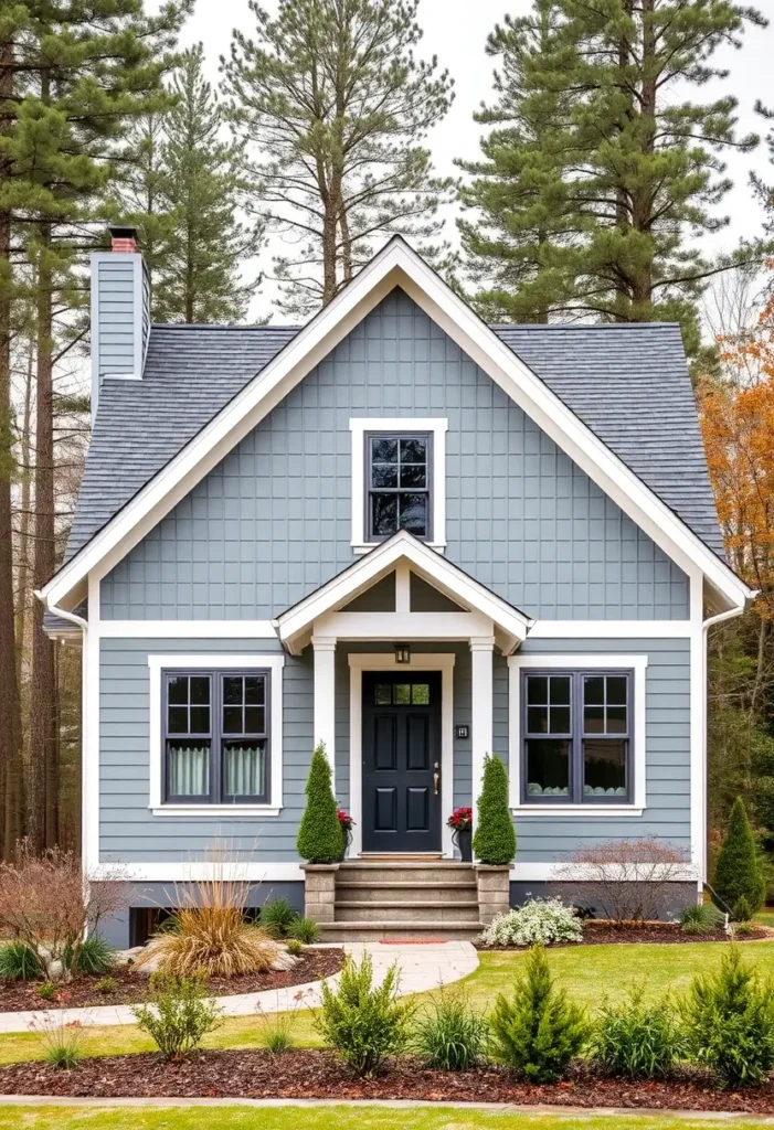 Blue cottage with white accents, a black door, and neatly landscaped garden surrounded by trees.