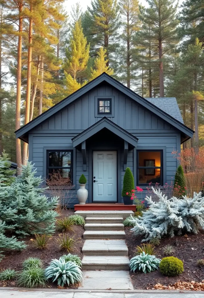 A bold blue cottage framed by silvery foliage and vibrant plants stands out in a woodland setting.