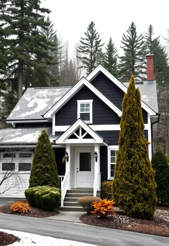 Black cottage with white accents, evergreen landscaping, and a welcoming front porch.