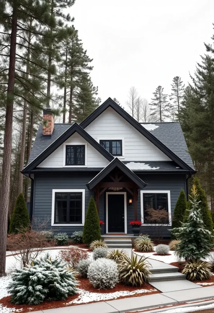 Two-tone cottage with dark gray and white siding, surrounded by frosted shrubs and evergreen trees.