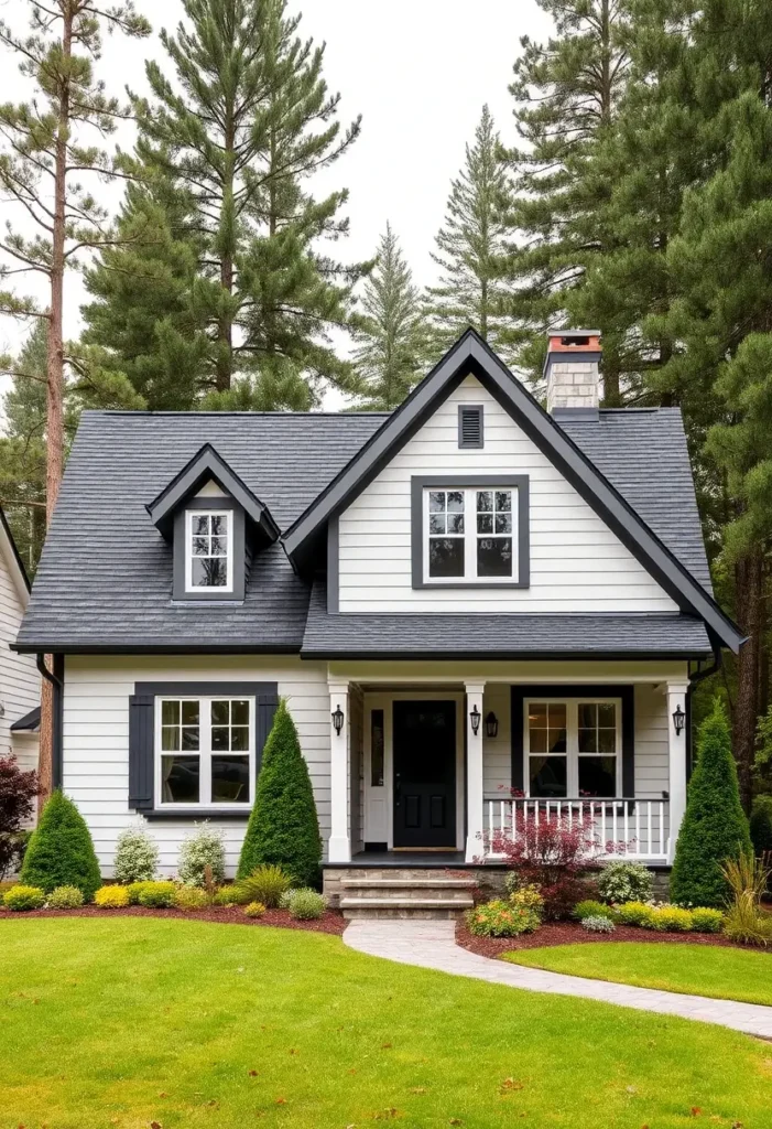 White cottage with dark shutters, front porch, and lush green lawn surrounded by trees.