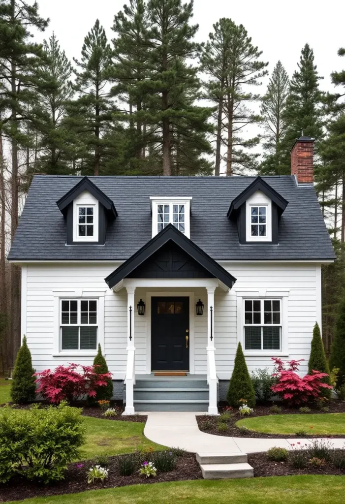 White dormer-style cottage with black accents, front porch, and vibrant landscaping.