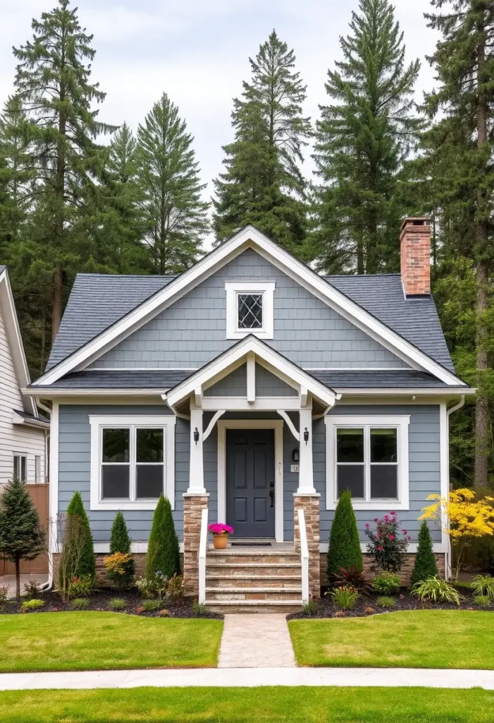 Blue cottage with white trim, stone accents, and vibrant landscaping, surrounded by tall trees.