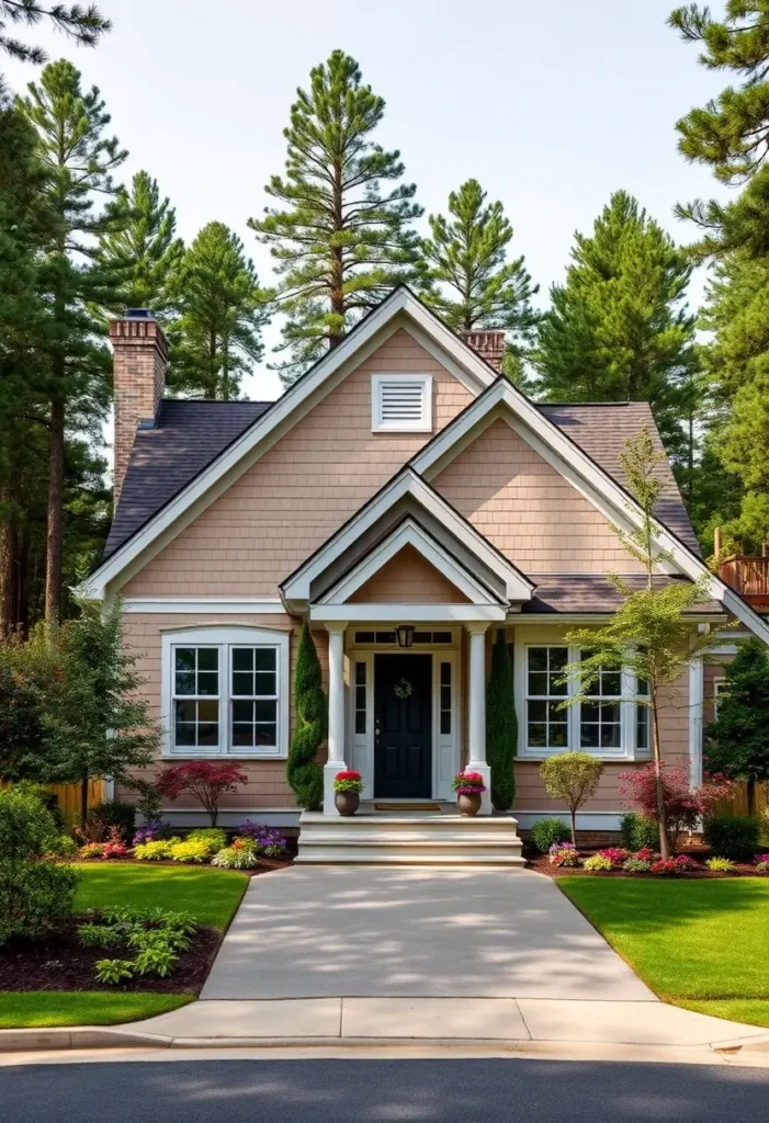 Beige cottage with dark accents, vibrant landscaping, and a welcoming front porch surrounded by tall trees.