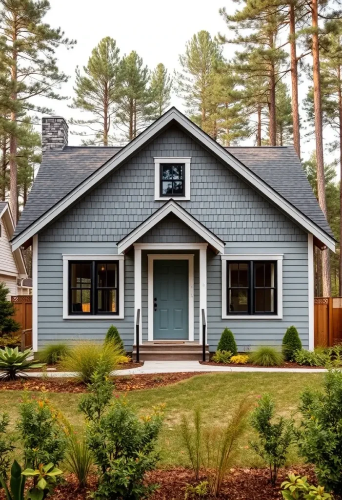 Blue cottage with a light blue door, black-framed windows, and minimalist landscaping surrounded by tall trees.