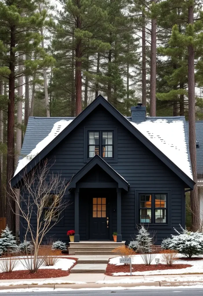 Black cottage with snow-dusted roof, simple landscaping, and a cozy woodland setting.