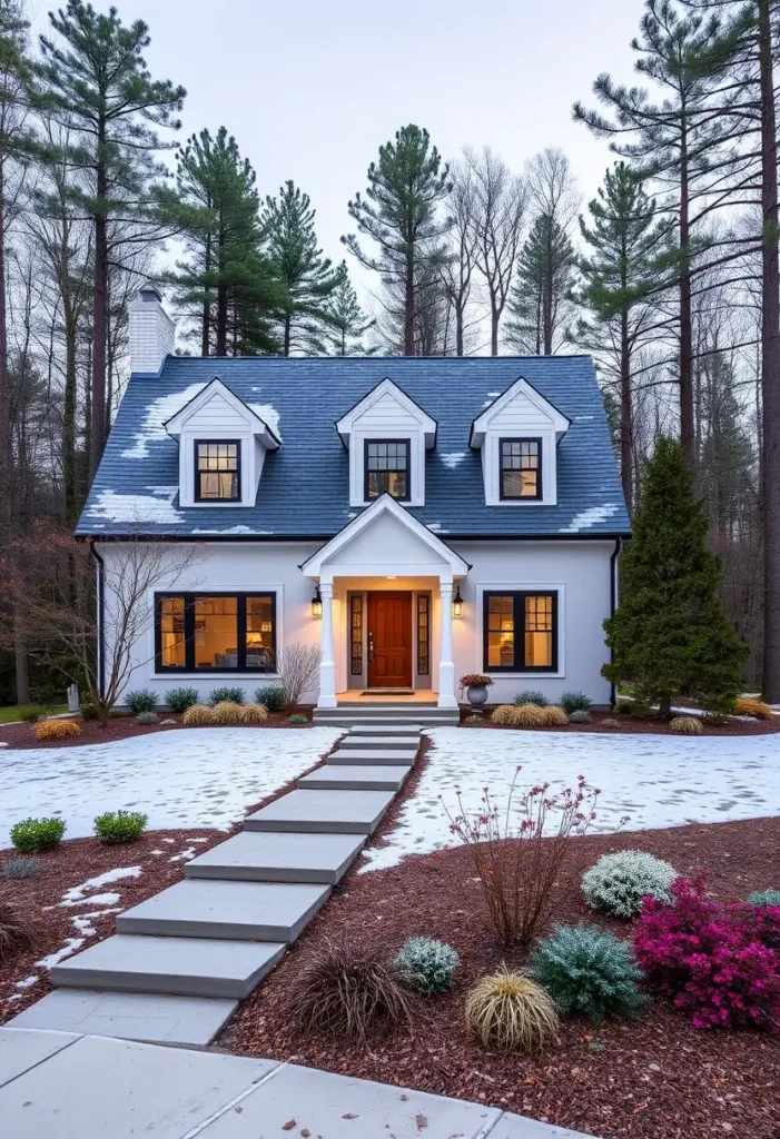 White cottage with dormer windows, a wooden front door, and snow-dusted landscaping.