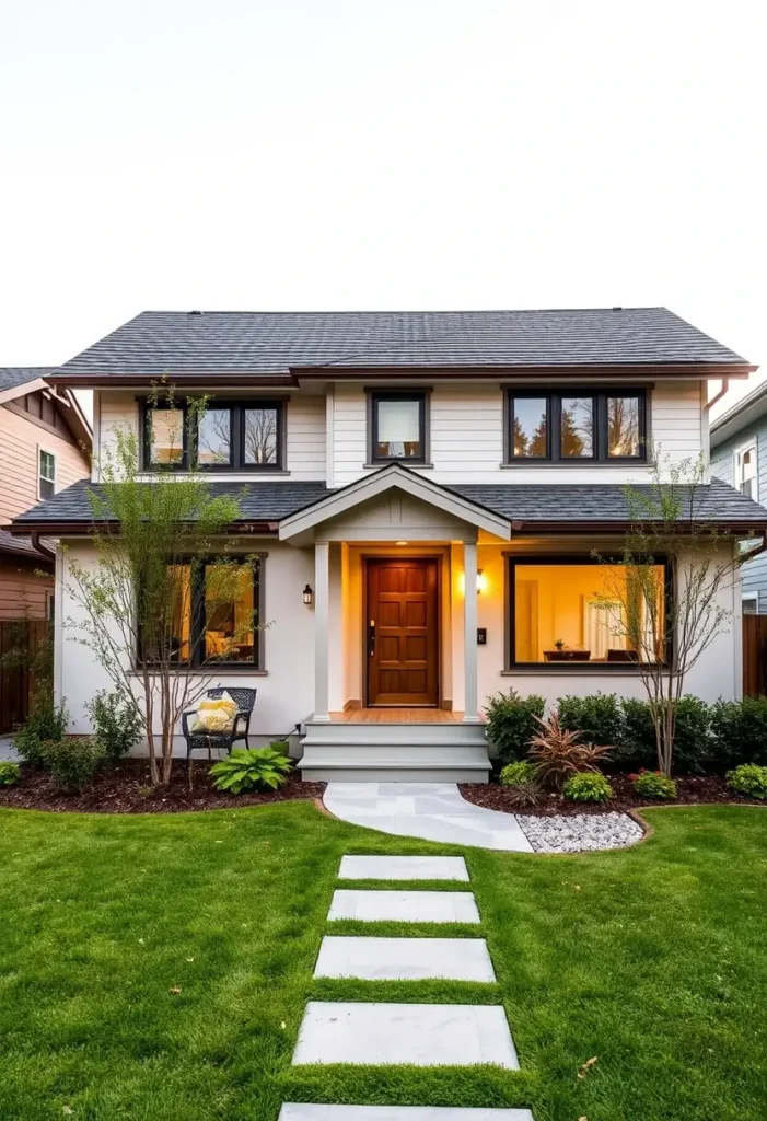 Two-story modern cottage with a wooden front door, warm lighting, and lush green lawn.