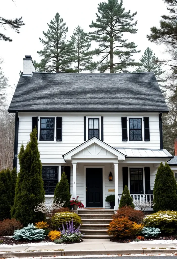 White two-story cottage with black shutters, vibrant landscaping, and a welcoming porch. small cottage ideas