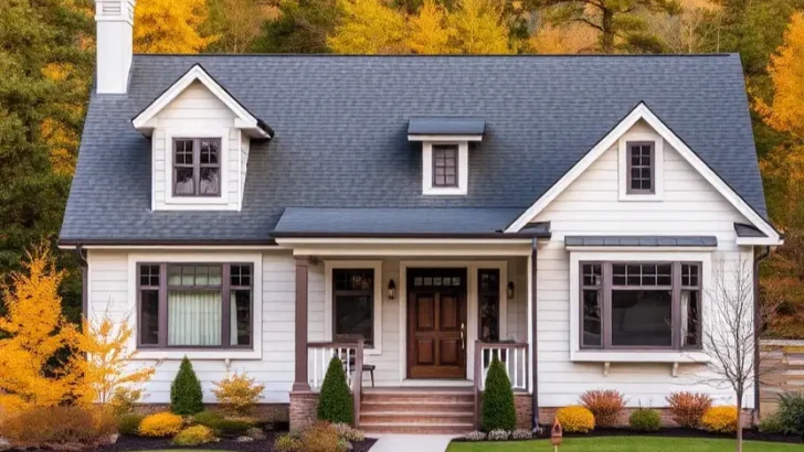 White cottage with a dark roof, wooden door, and vibrant fall foliage in the background.