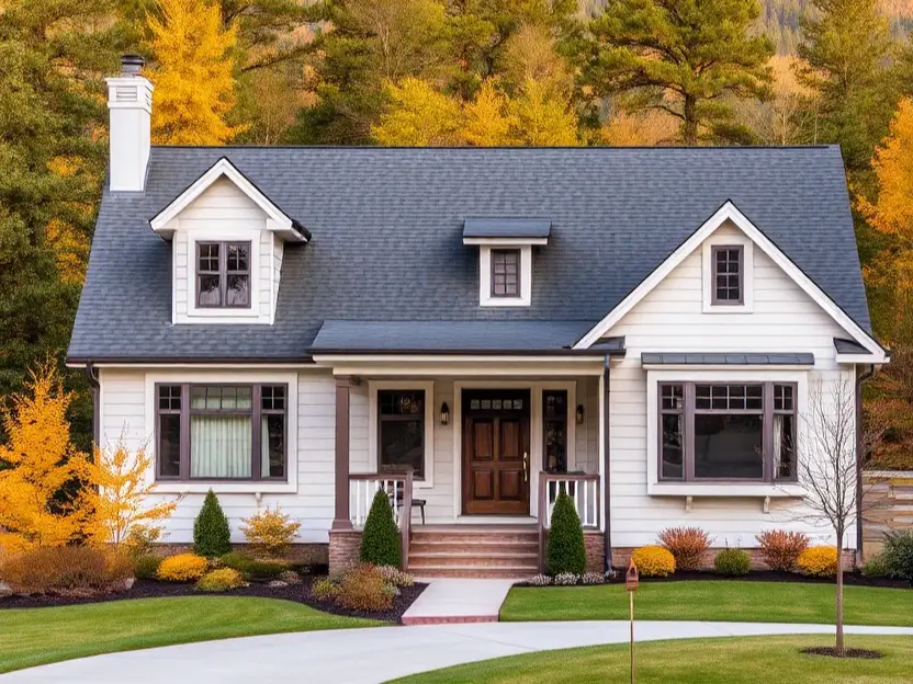 White cottage with a dark roof, wooden door, and vibrant fall foliage in the background.