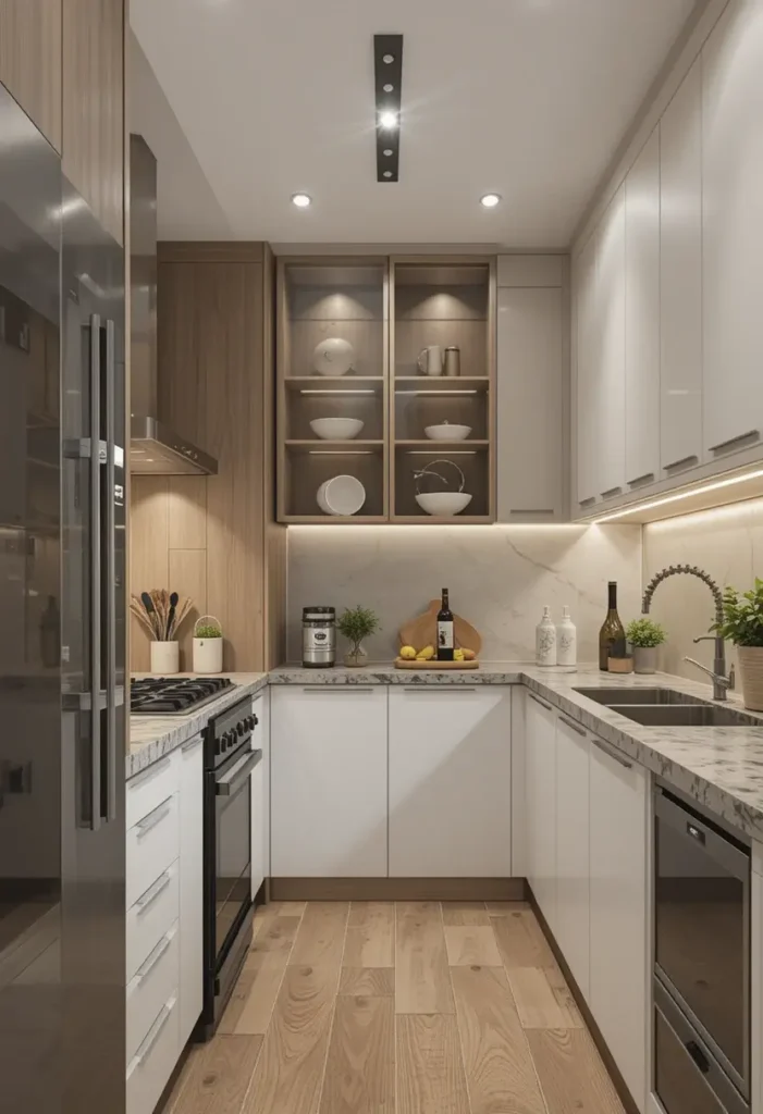 Small modern kitchen with open lit shelving and compact layout.