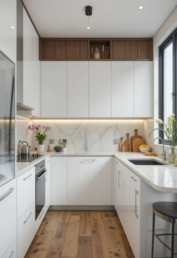 Small kitchen with white floor-to-ceiling cabinets and wood accents.