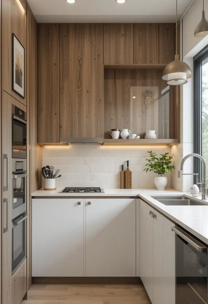 Compact kitchen with vertical wood paneling and open shelving.