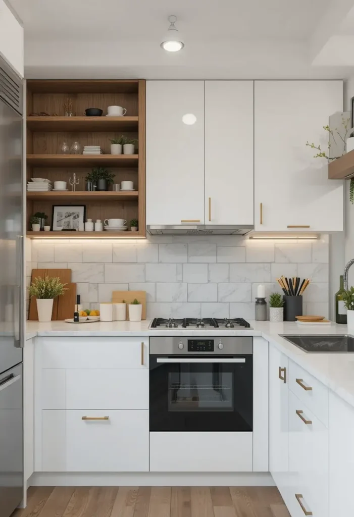 Small kitchen with open wood shelves, brass hardware, and white cabinets.