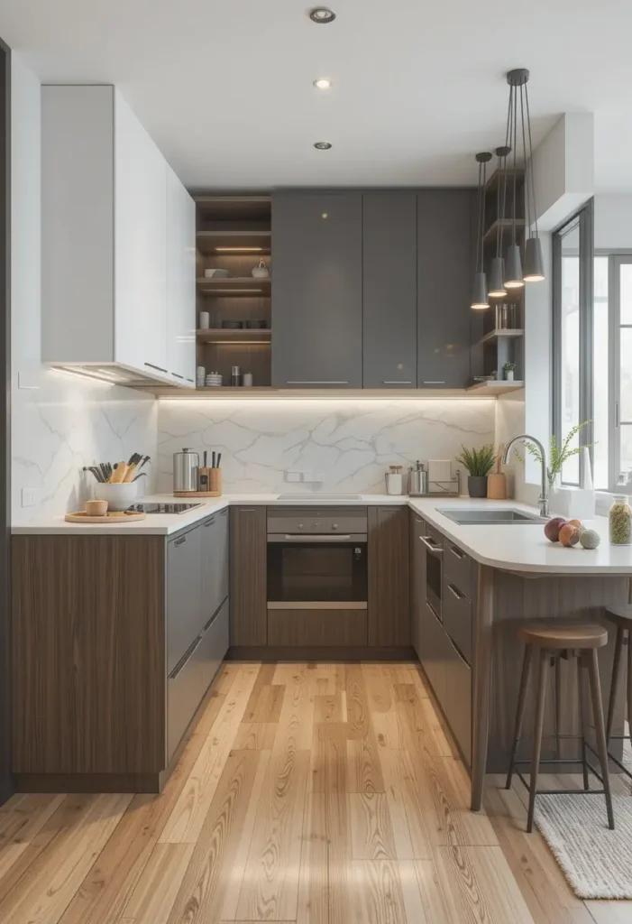 Small kitchen with dark and light cabinets, pendant lights, and extended counter.