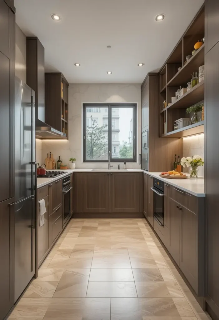 Galley-style kitchen with open shelving and a large window.