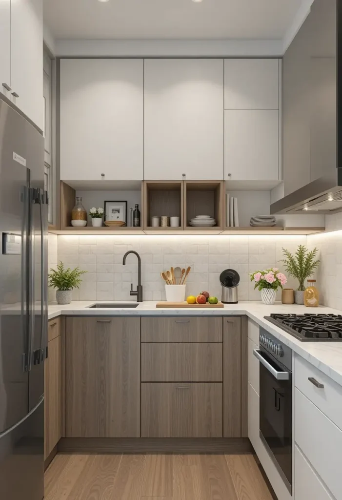 Small kitchen with open cubbies and white and wood cabinets.