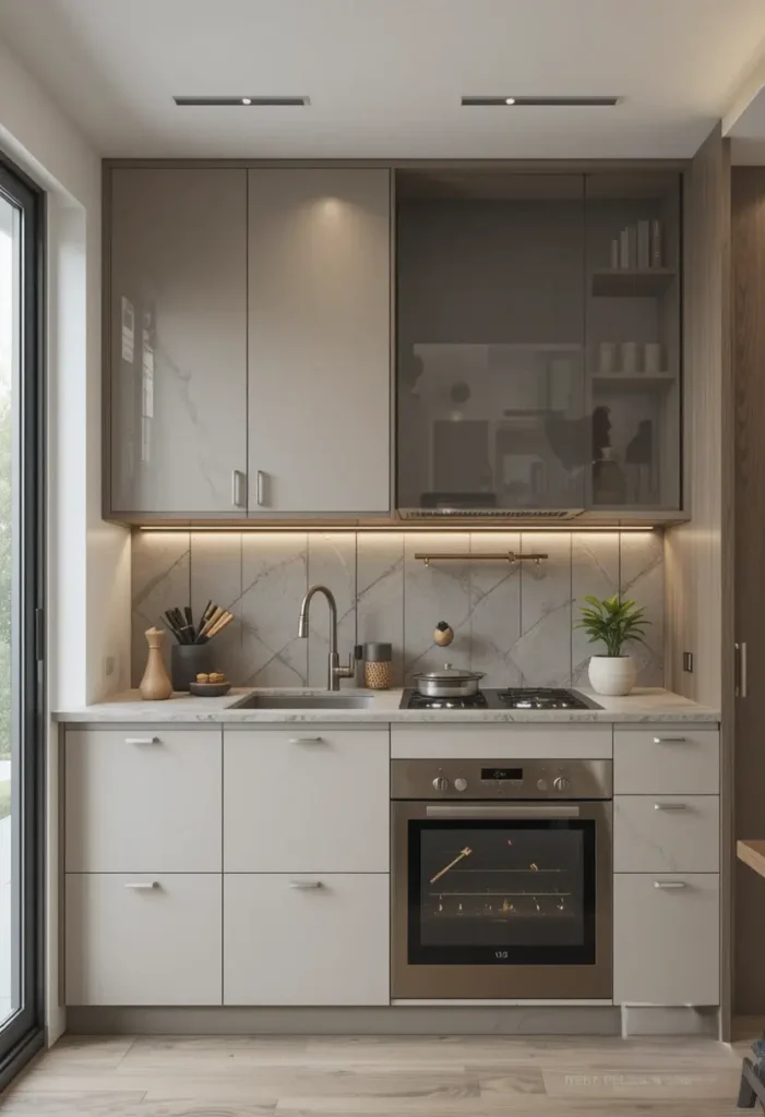 Small kitchen with glossy cabinets, backlighting, and marble backsplash.