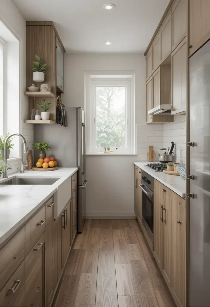 Farmhouse galley kitchen with shaker cabinets, open shelving, and apron-front sink.