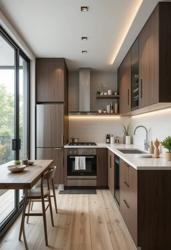  Small open-plan kitchen with wooden cabinetry and integrated dining table.