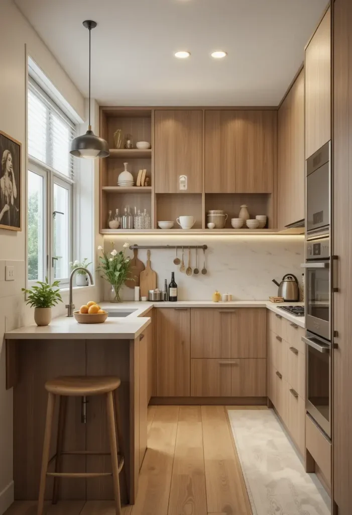 Small wooden kitchen with breakfast nook and open shelving.