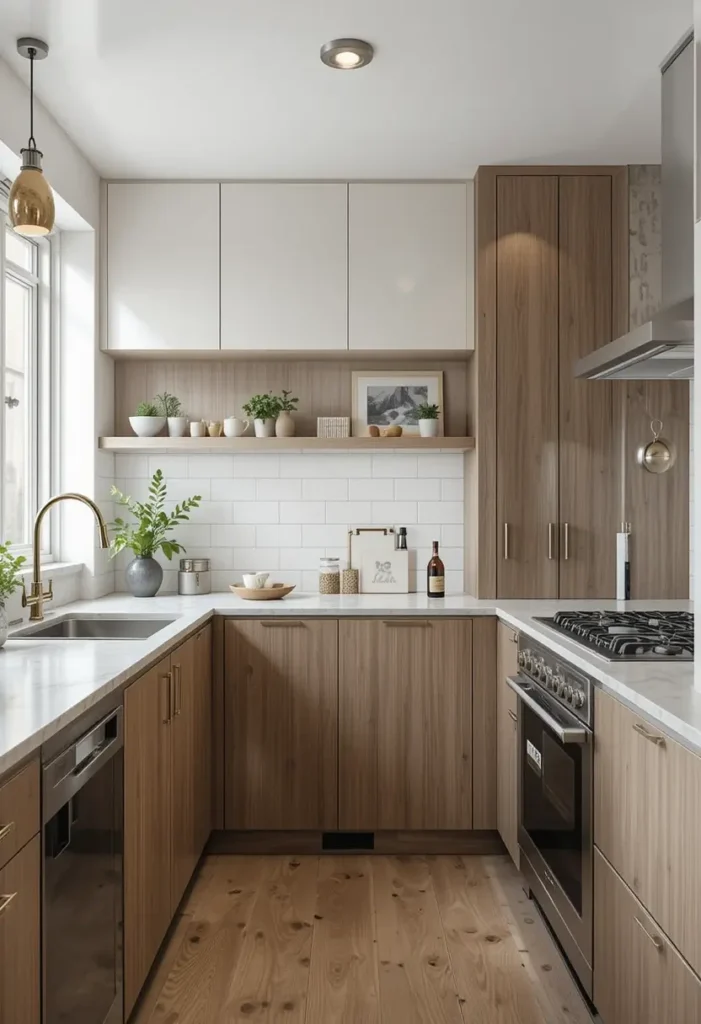 Minimalist kitchen with open wood shelving and white cabinets.