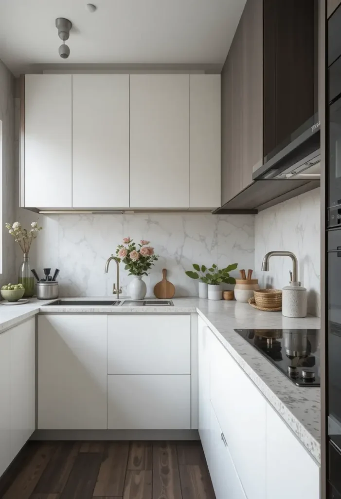 Bright white kitchen with marble backsplash and subtle decor.