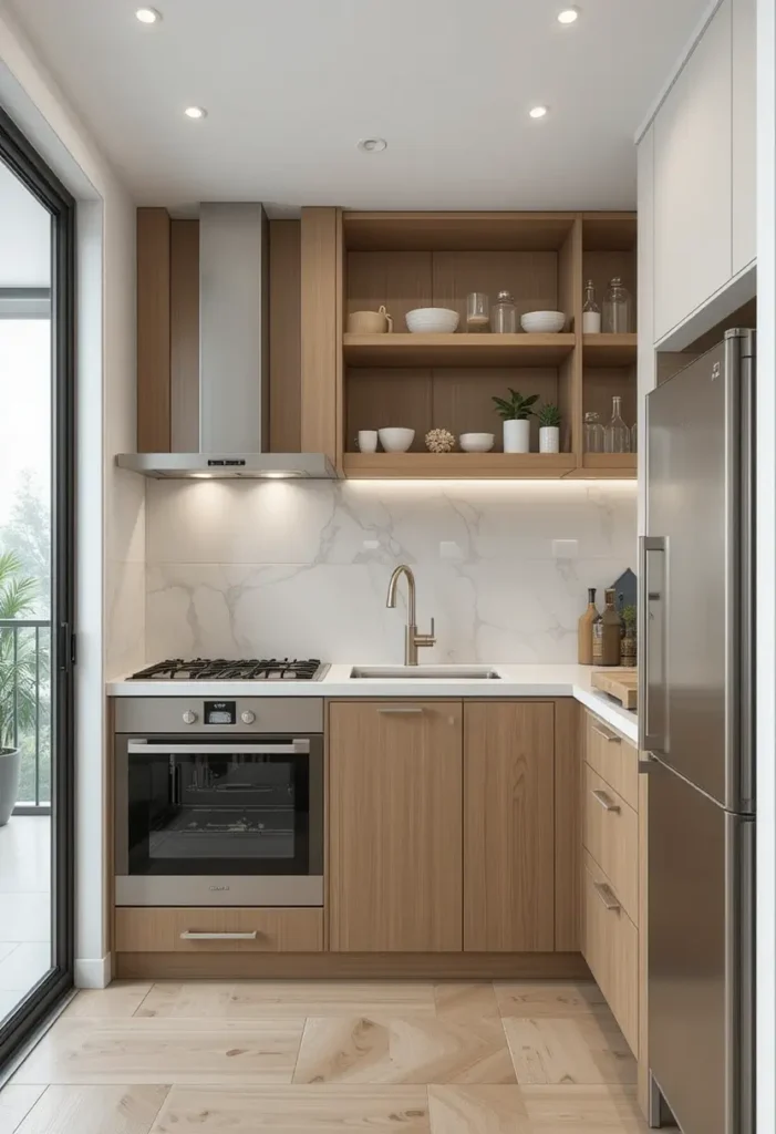 Compact kitchen with natural wood open shelving and marble backsplash.