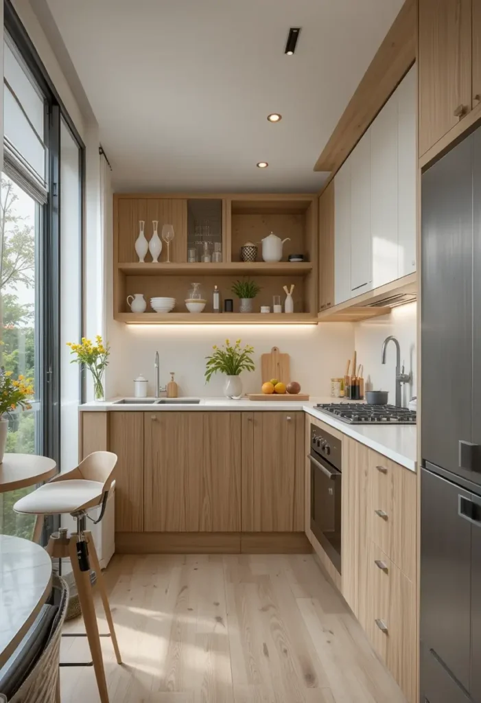 Small kitchen with wood cabinets, open shelves, and dining nook.