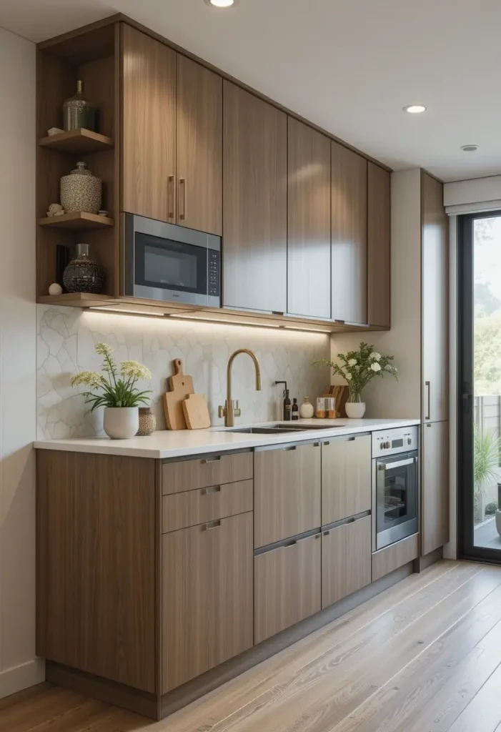 Modern small kitchen with full-height cabinets and integrated shelves.