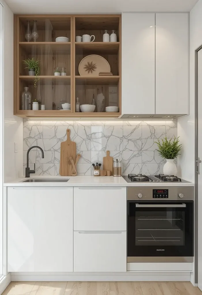 Small kitchen with glass-front wood shelving and marble backsplash.