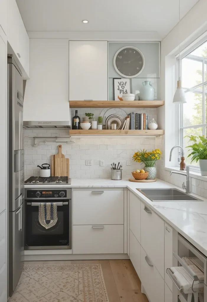 Small kitchen with open wooden shelves and subway tile backsplash.