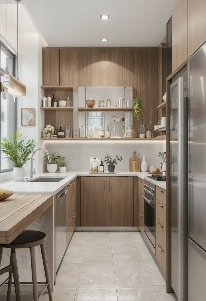 Small kitchen with wood cabinets, glass accents, and built-in shelving.