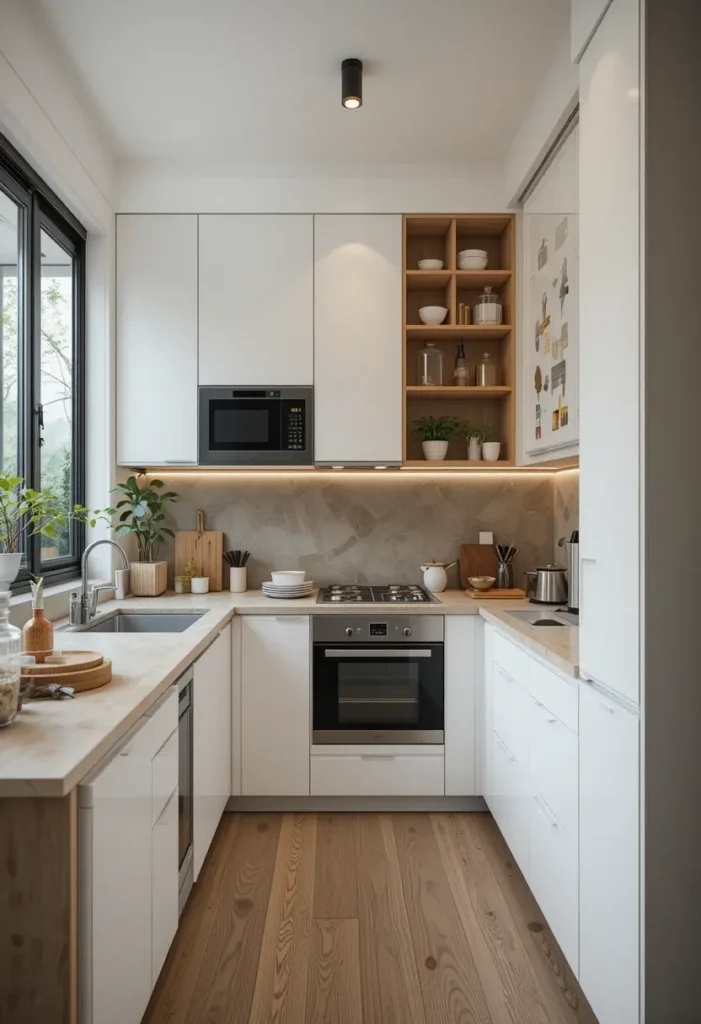 U-shaped small kitchen with white cabinets and wooden open shelves.