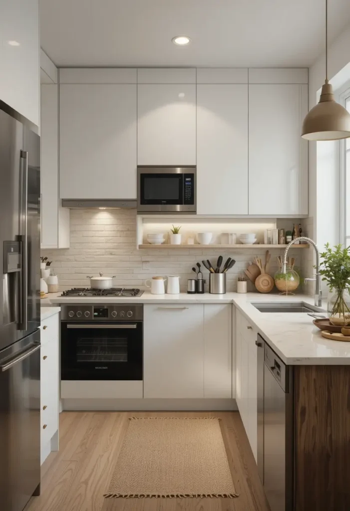 Small modern kitchen with floating wooden shelf and white cabinets.