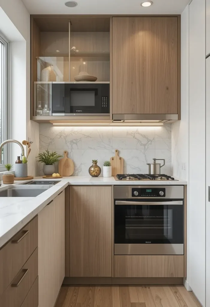 Small kitchen with wood and glass cabinets, marble backsplash, and lighting.