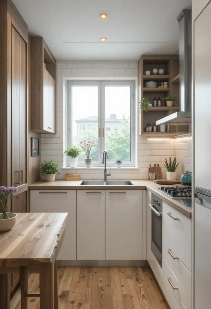 Small kitchen with large windows, open shelves, and natural wood accents.