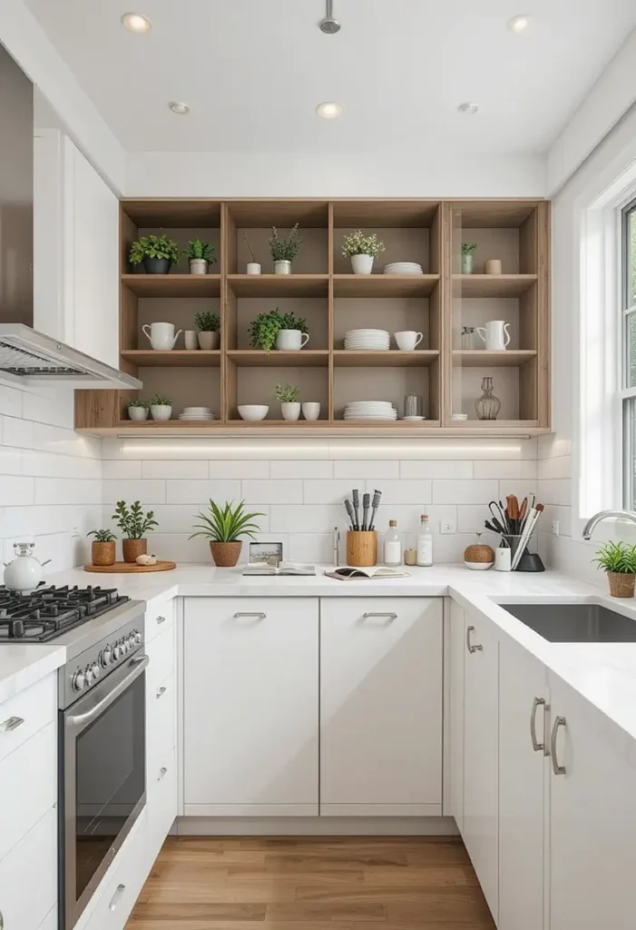 Small kitchen with open wooden shelves and green plants.