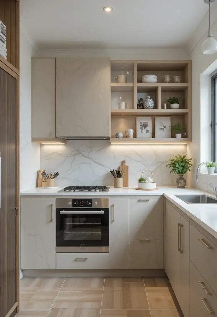 Neutral small kitchen with marble backsplash and open shelving.