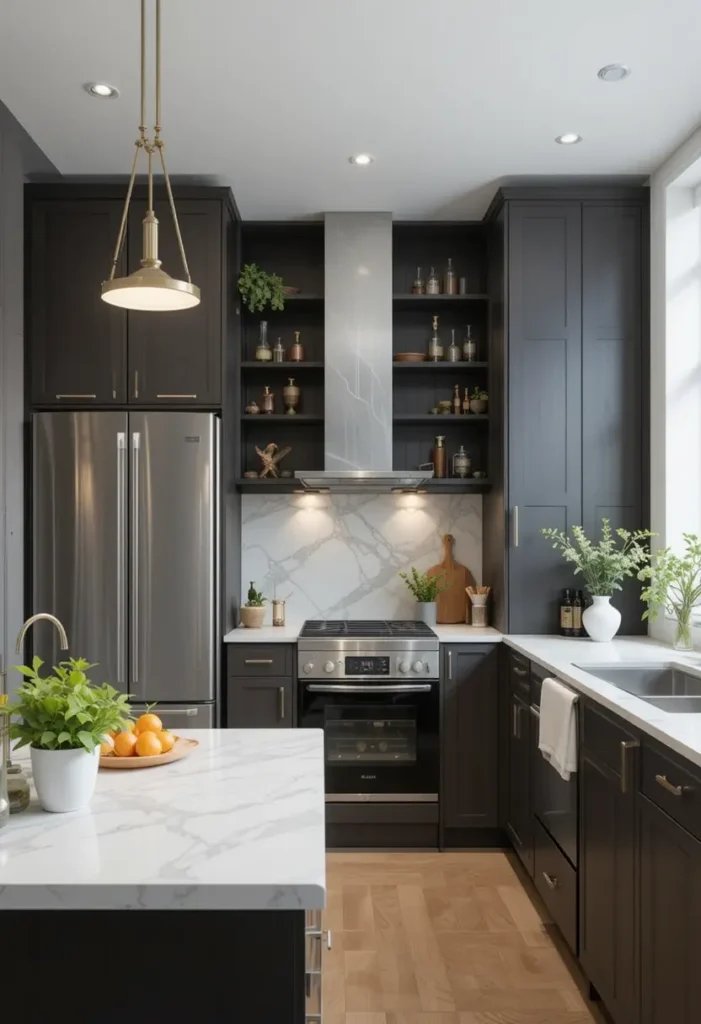 Small kitchen with black cabinets, marble backsplash, and brass accents.