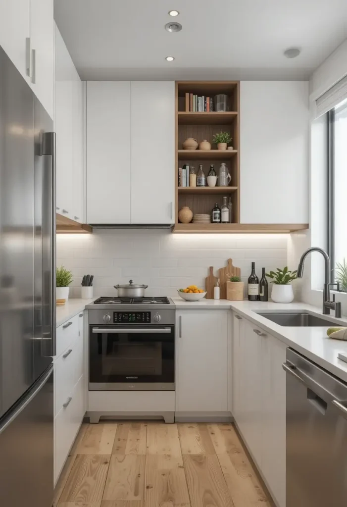 Small kitchen with white cabinets, wooden open shelves, and stainless steel appliances.