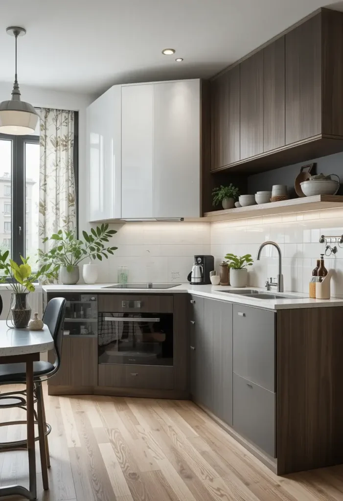 Kitchen with dark lower cabinets, white upper cabinets, and open shelving decorated with plants and ceramics.