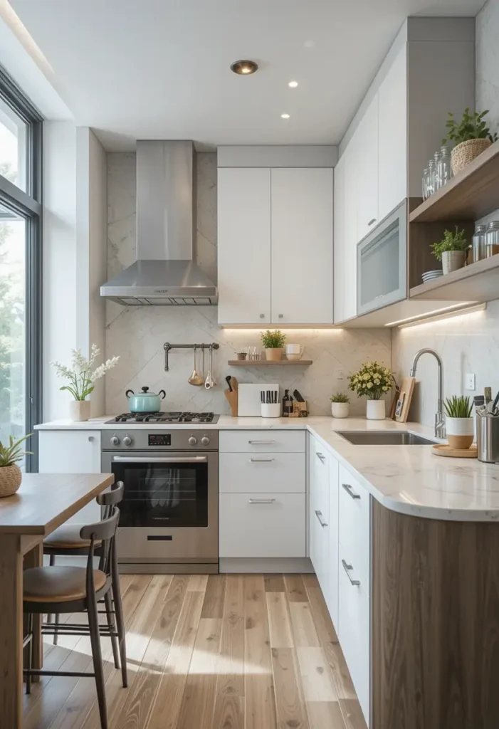 U-shaped kitchen with white cabinets, open shelving, marble backsplash, and a wooden dining table.