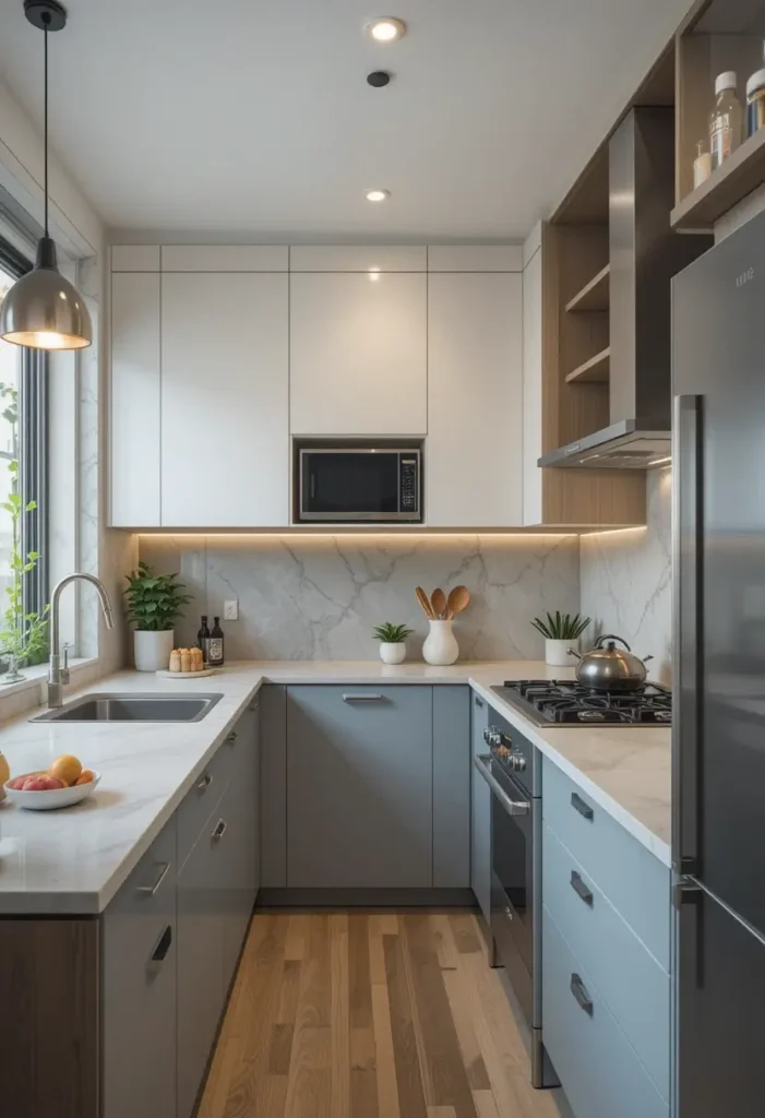 Modern two-tone kitchen with gray and white cabinets, marble backsplash, and integrated lighting.