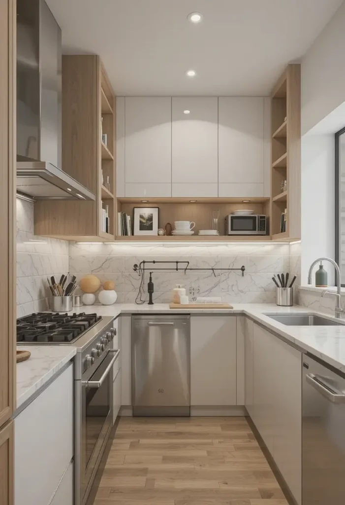 Small kitchen with marble backsplash, built-in shelving, and stainless steel appliances.